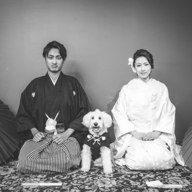 凛々しい新郎様と綺麗な新婦様の和装前撮りwith愛犬