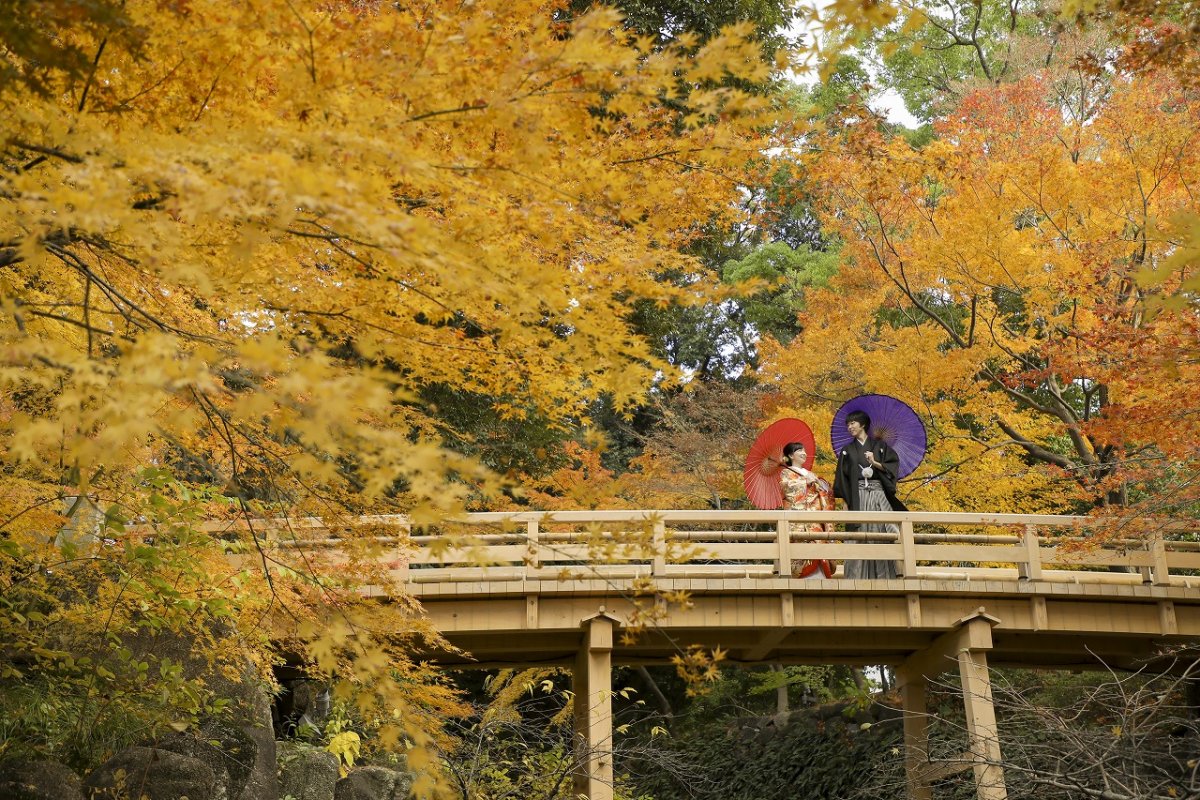 紅葉色付いた木々が美しい日本庭園にて名古屋の前撮りフォト