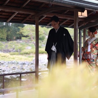 屋根付きの回廊で振り返る紋付袴の新郎と色打掛の花嫁。白鳥庭園で撮る桜の時期の和装前撮り