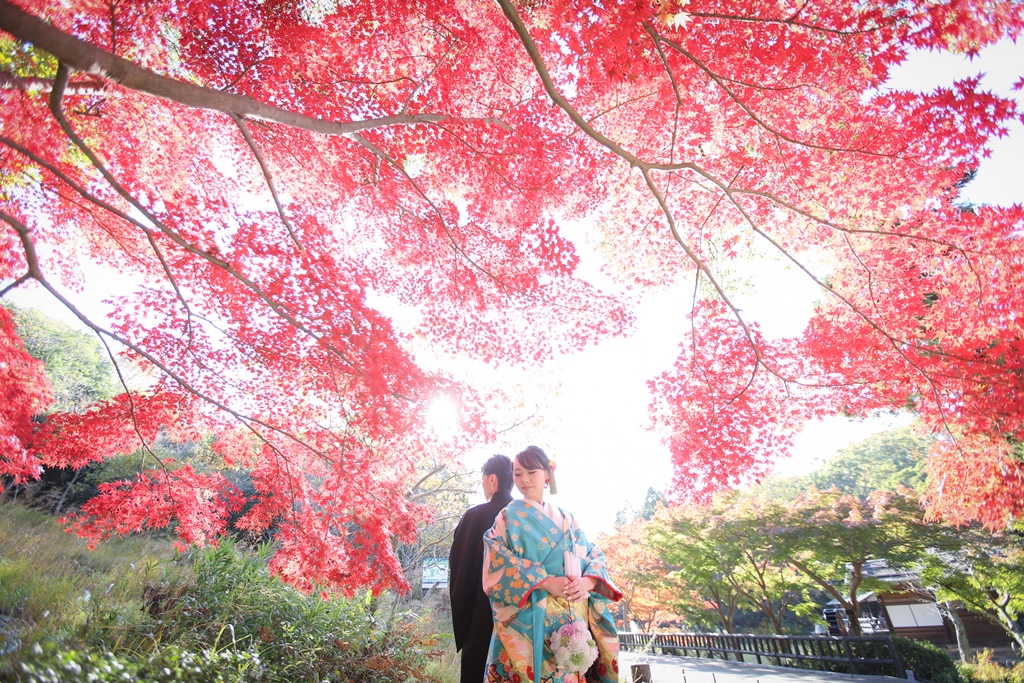 宗節庵のキレイな紅葉をバックに撮った結婚写真