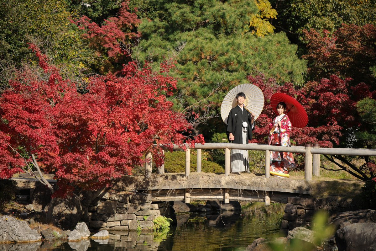 池・橋・紅葉贅沢な3点セット