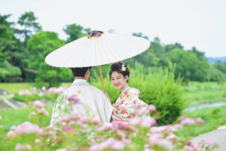 緑とお花で前撮り撮影