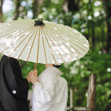 白い和傘で顔を隠して寄り添う、紋付袴の新郎と白無垢の花嫁の和装前撮りで人気のポーズ